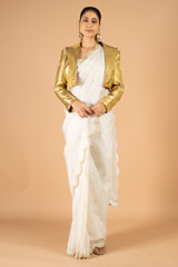 Pearl white pre pleated organza saree with woven zari jacket5843 video
